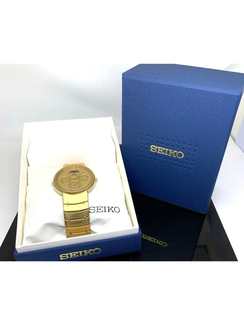 Seiko Men's Watch 7R39-8000 Vintage Quartz Moon Phase Day Date Gold Steel 34mm